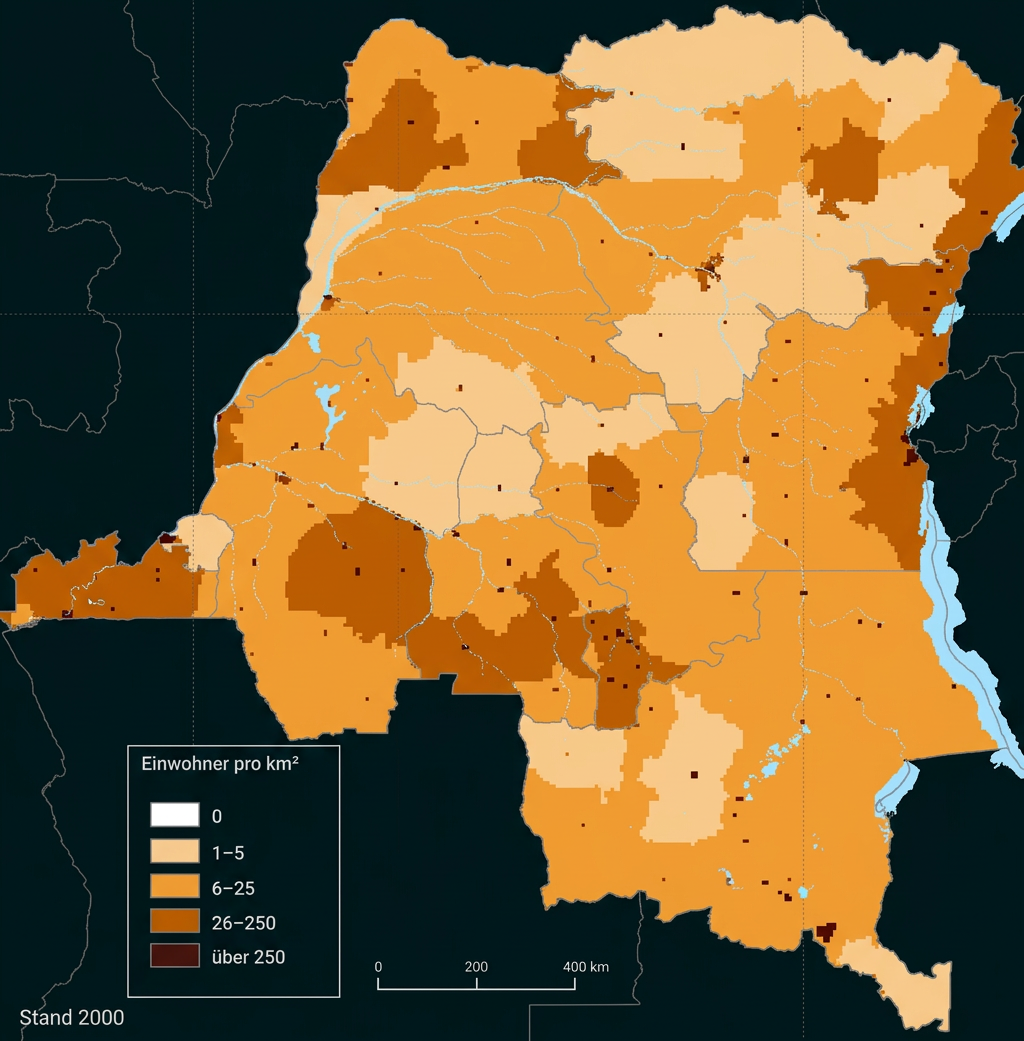 Karte Afrikas zur Bevölkerungsdichte im Jahr 2000.